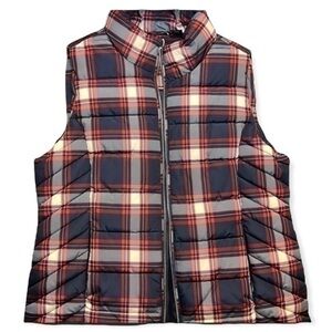 Tommy Hilfiger Plaid Quilted Puffy Vest Red White Blue. Women Large